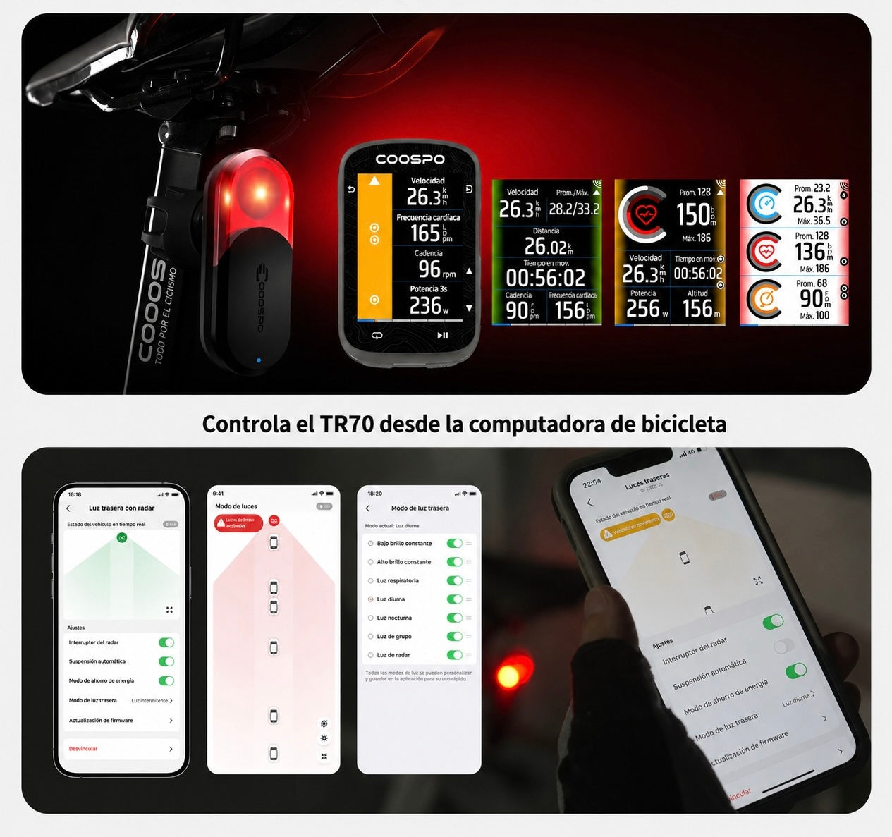 COOSPO TR70 Luz Radar Trasera para Bicicleta ANT+ Bluetooth