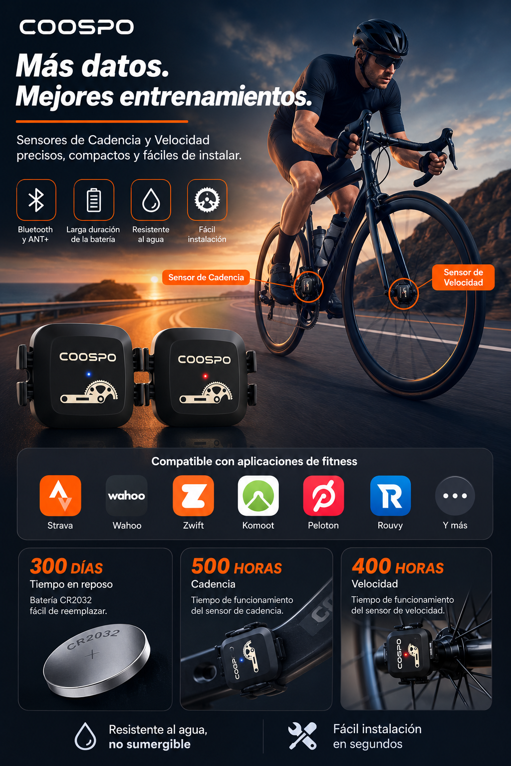 COOSPO BK467 Sensor de Velocidad y Cadencia para Bicicleta ANT+ IPX7